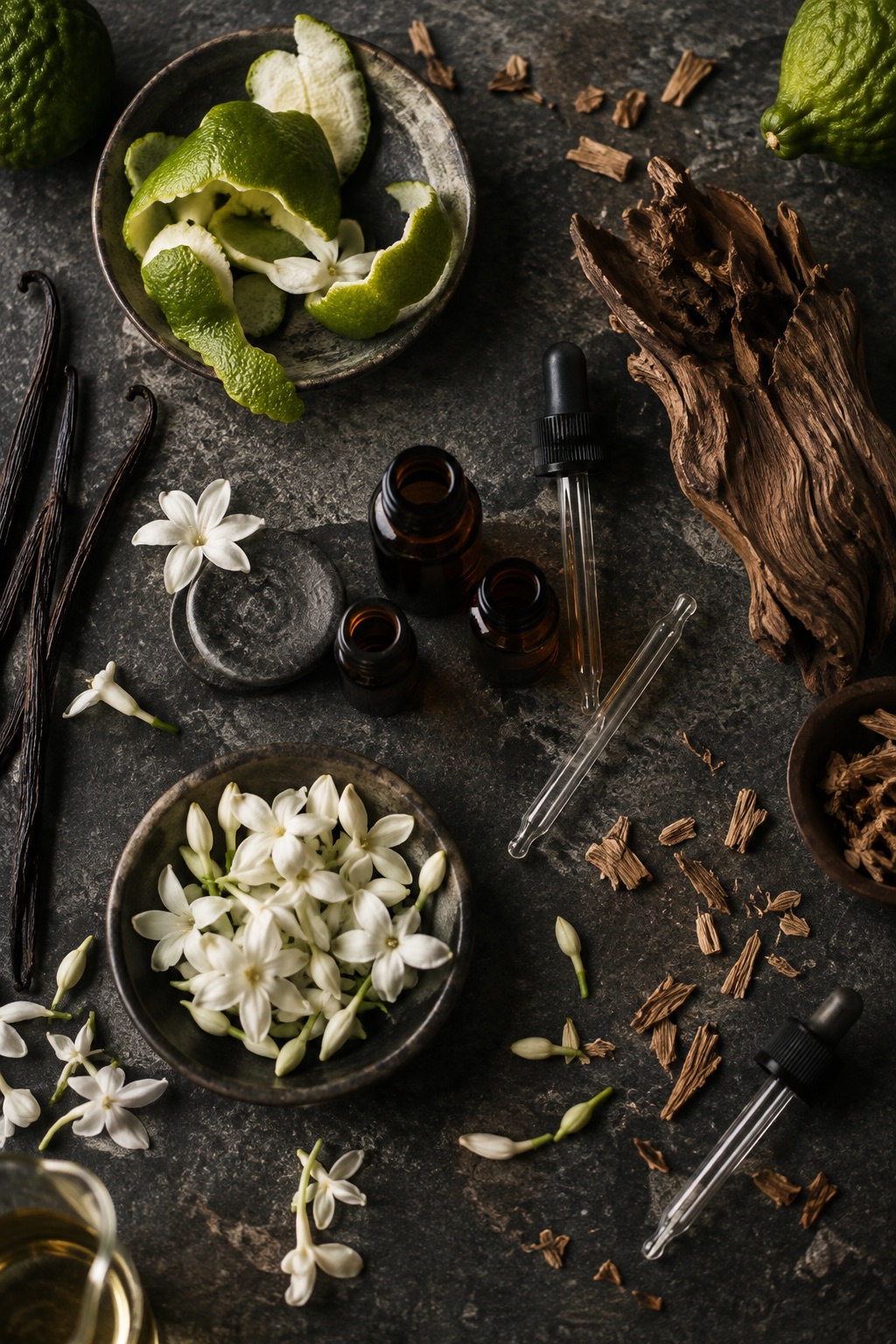 Bergamotte, Jasmin, Vanille, Holz und Duftölfläschchen
